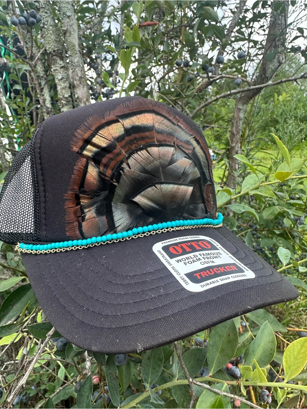 OTTO Black Trucker Hat with Feather Fan and Turquoise Bead Trim